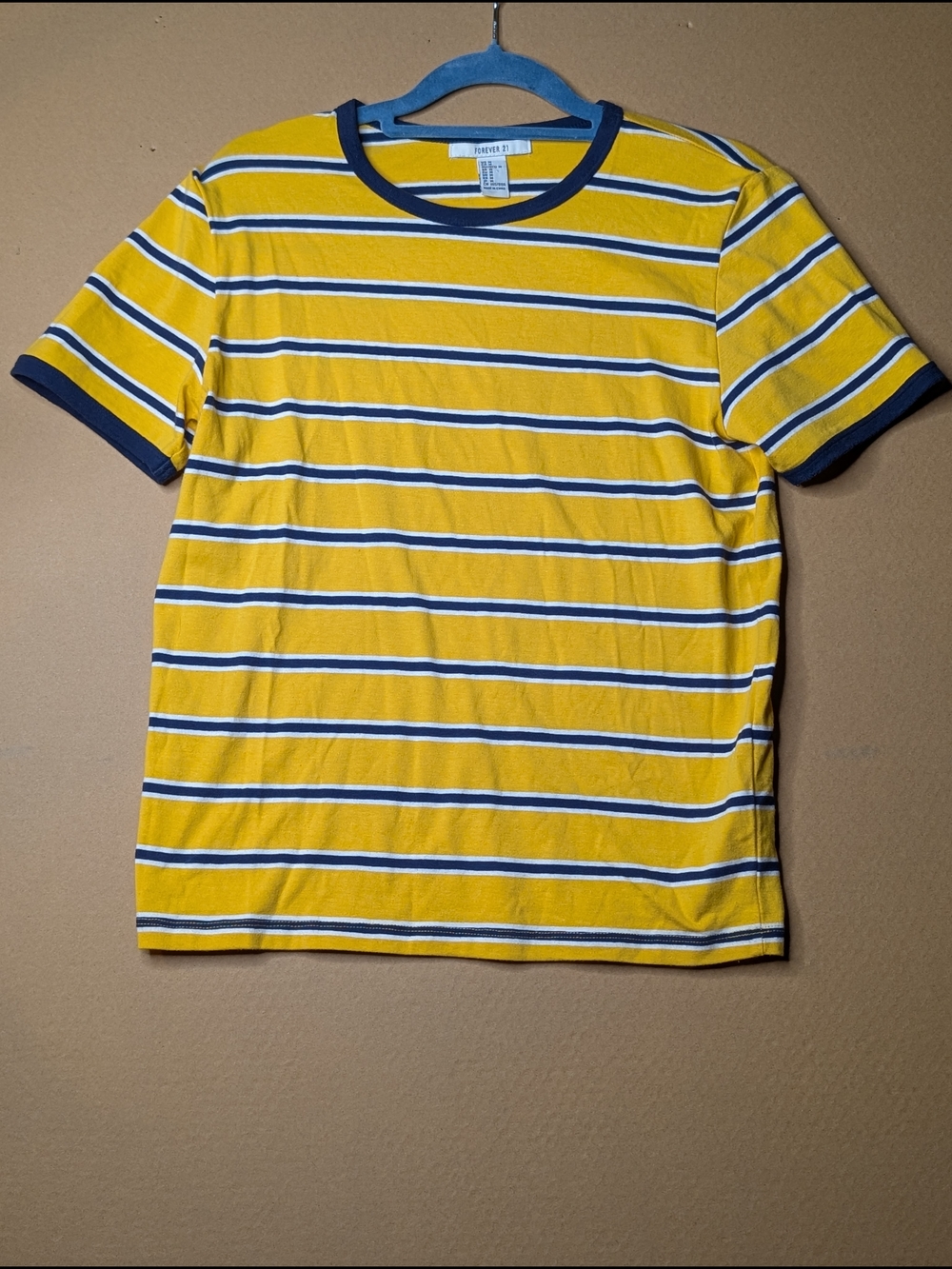 Forever 21 Yellow and Navy Striped Short Sleeve Tee